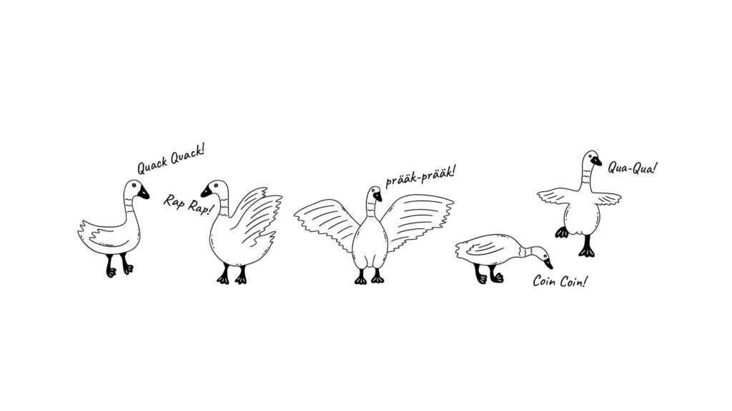An image of ducks all saying "Quack" in different languages